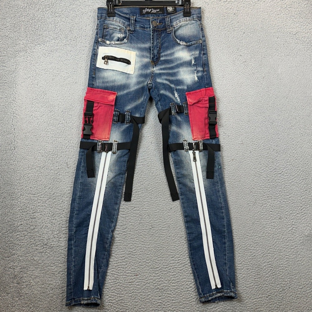 Heritage America Jeans Mens 28X31 Tactical Cargo Slim Blue Red Acid Wash Denim